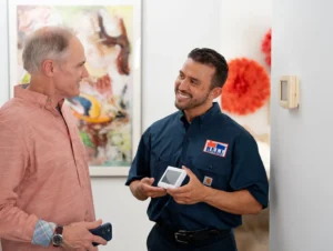 cooling expert showing homeowner thermostat settings